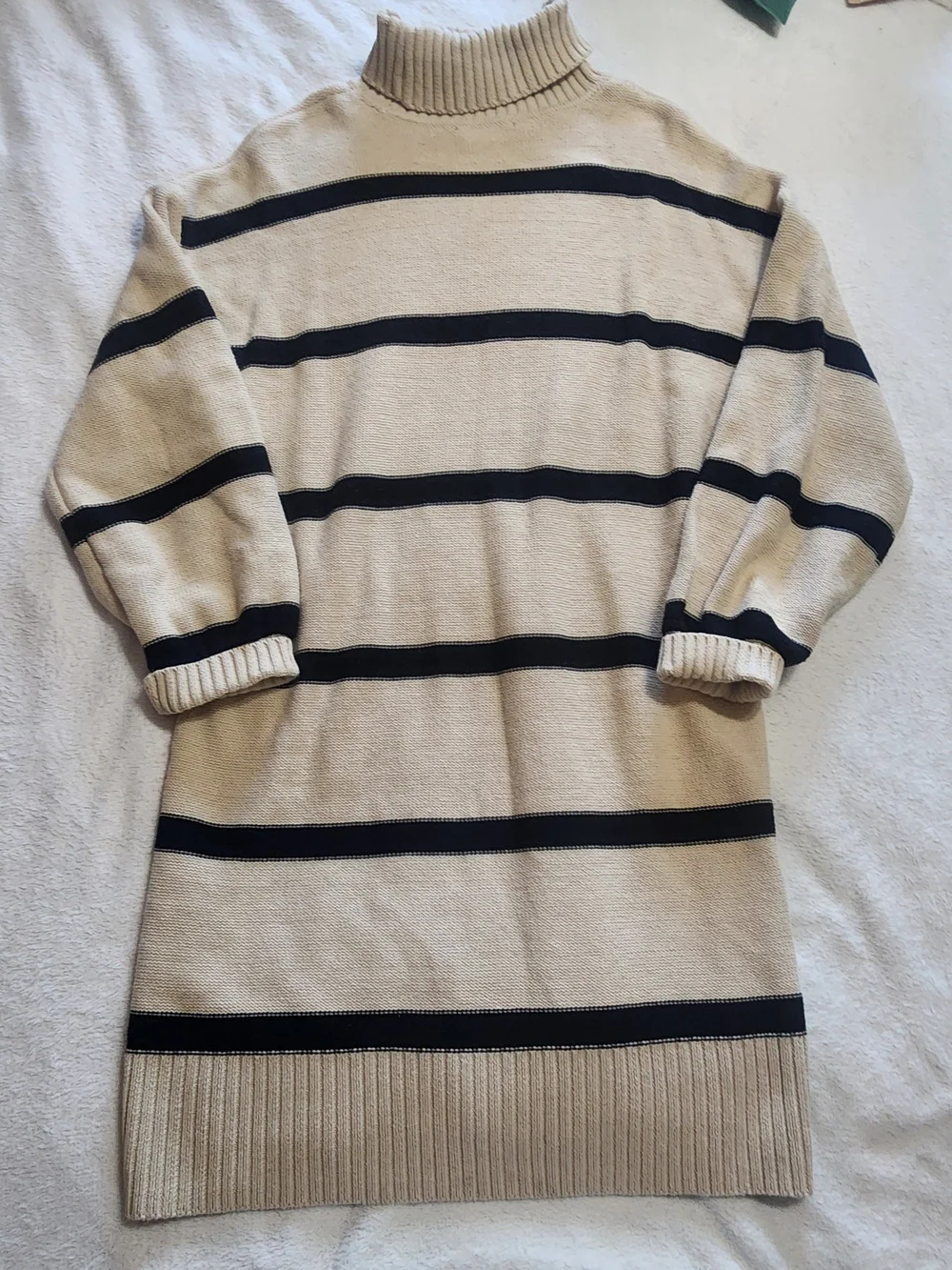 New York & Company Striped Turtleneck Cable Knit Sweater Dress Beige Large